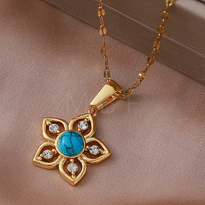 Vintage 304 Stainless Steel & Synthetic Turquoise Flower Pendant Necklaces with Crystal Rhinestone for Women RQ4537-1