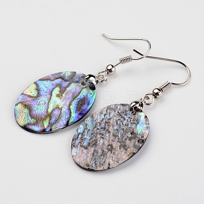 Oval Platinum Tone Brass Natural Paua Shell Dangle Earrings EJEW-M060-03-01-1