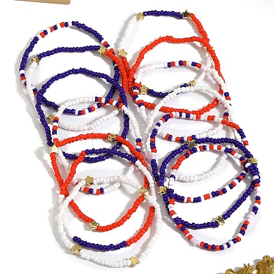 14Pcs Red White Blue Seed Bead Stretch Bracelets Set for Independence Day PW-WGE860D-01-1