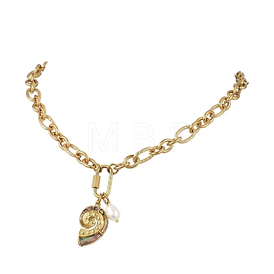 Ocean Natural Paua Shell 304 Stainless Steel Sea Animals & Rice Natural Pearl Pendant Figaro Chain Necklaces NJEW-JN06304-1