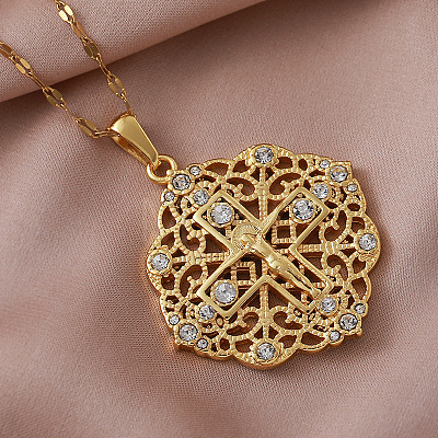Vintage 304 Stainless Steel Crystal Rhinestone Hollow Flower with Jesus Cross Pendant Necklaces for Women LH2186-1
