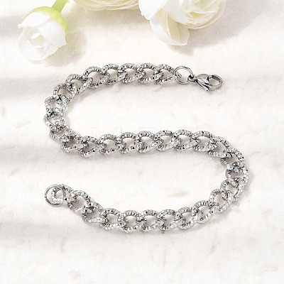 Hammered 201 Stainless Steel Cuban Link Chains Bracelets for Women Men STAS-T077-17P-1