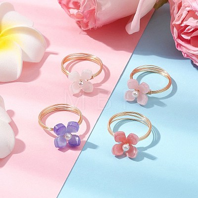 Flower Cellulose Acetate(Resin) & Shell Pearl Finger Rings RJEW-TA00181-01-1