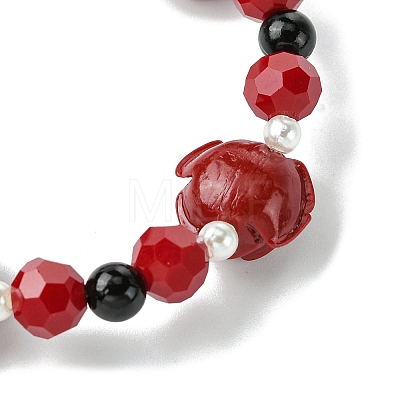 Synthetic Coral Rose Flower & Opaque Glass Beads & ABS Plastic Imitation Pearl Beaded Stretch Bracelets for Women BJEW-JB10748-1