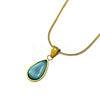 304 Stainless Steel Glass Teardrop Pendant Round Snake Chain Necklaces for Women WGB210E-01-1