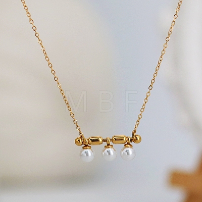 Three Round Glass Pearl Horizontal Bar Pendant 304 Stainless Steel Cable Chain Necklaces for Women WG28E74-01-1