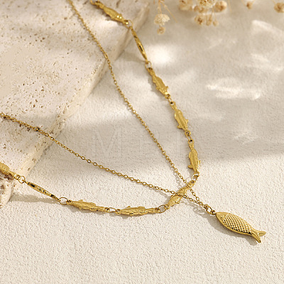 Summer Beach 304 Stainless Steel Fish Pendant Double Layer Necklaces for Women WG2FA6C-01-1