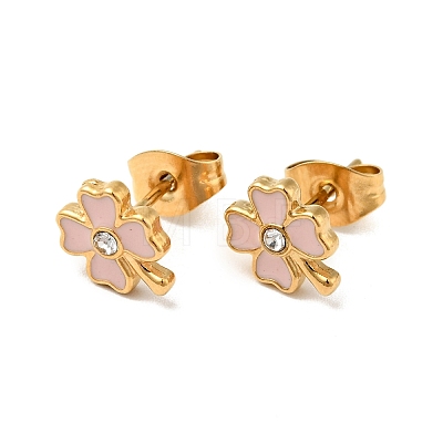 Ion Plating(IP) Enamel Clover with Crystal Rhinestone Stud Earrings with 316 Surgical Stainless Steel Pins EJEW-A081-12G-1