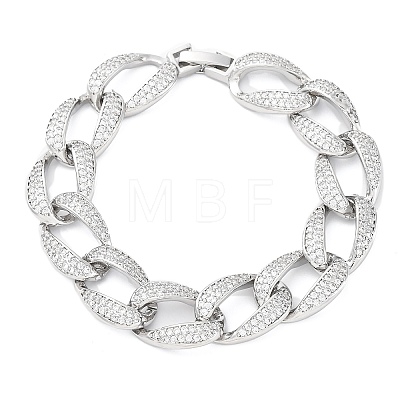 Brass Micro Pave Clear Cubic Zirconia Curb Chain Bracelets for Women BJEW-A034-04B-P-1