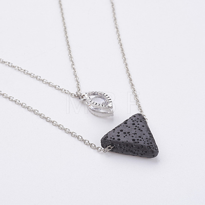 Natural Lava Rock Brass Two-Tiered Necklaces NJEW-JN02088-1
