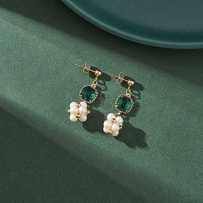 Shell Pearl Flower with Glass Square Dangle Stud Earrings EJEW-TA00162-1