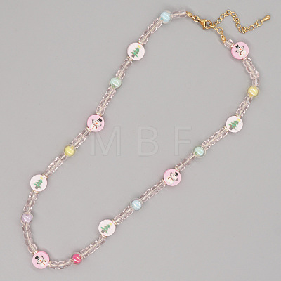 Christmas Theme Glass & Imitaiton Pearl & Brass Flat Round Beaded Necklaces GF3195-12-1