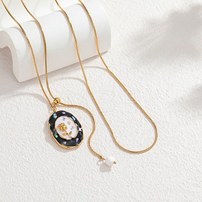 304 Stainless Steel Enamel Rose Flower Black Oval Pendant Round Snake Chain Lariat Necklaces for Women NJEW-A073-01G-1