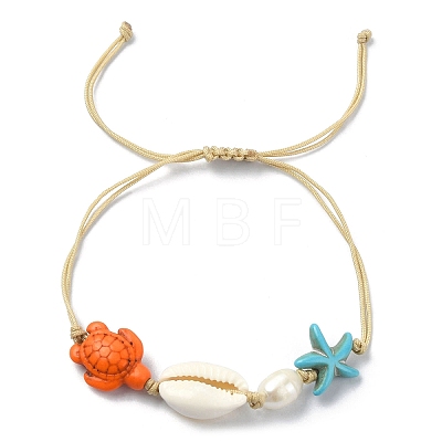 Synthetic Turquoise & Natural Shell & Pearl Braided Bead Bracelets BJEW-TA00368-1
