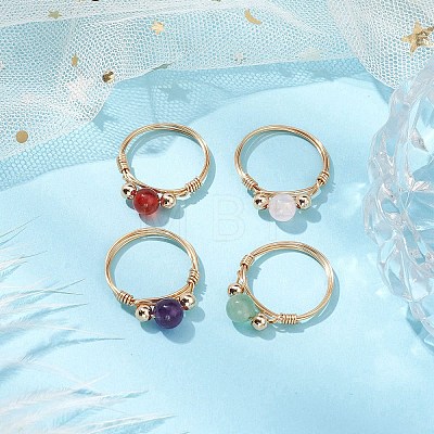 4Pcs Round Natural Rose Quartz & Green Aventurine & Carnelian & Amethyst & Synthetic Turquoise Finger Rings GG-CJD138-G-1