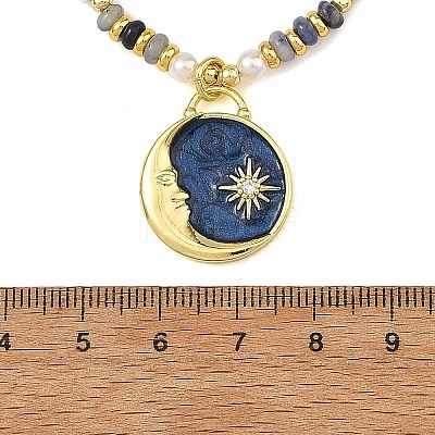 Brass Enamel Moon Sun Pendant Round Natural Lapis Lazuli and Rondelle Blue Spot Jasper Beaded Necklaces for Women NJEW-JN06691-1
