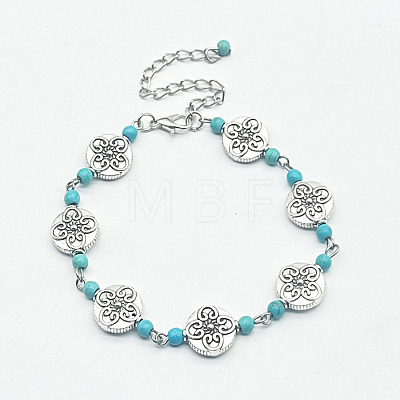 Bohemian Synthetic Turquoise & Alloy with Carved Flowers Link Bracelets XI0721-1-1