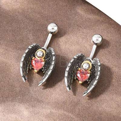 316 Stainless Steel Pave Red Cubic Zirconia Curved Barbell Dangle Belly Rings AJEW-C044-03-1