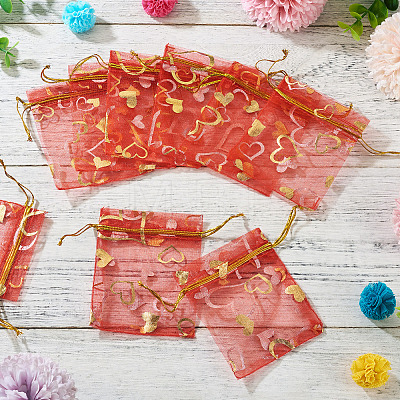 50Pcs Heart Printed Organza Bags OP-TADJ0001-01F-1