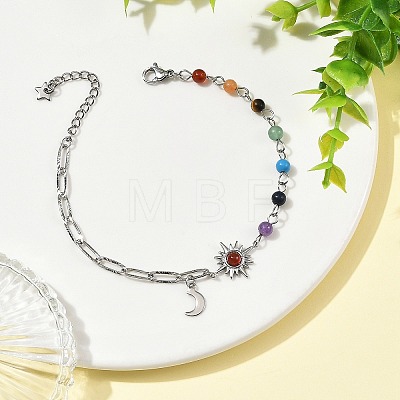 7 Chakra Gemstone Beaded Chain & 304 Stainless Steel Paperclip Chain Bracelets BJEW-JB14411-1