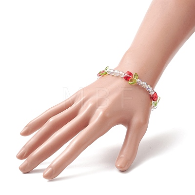 Lampwork Tulip & Acrylic Beaded Stretch Bracelet for Women BJEW-JB09306-1