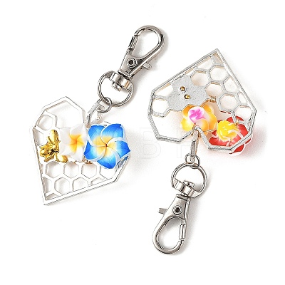 Handmade Polymer Clay 3D Flower & Alloy Heart Honeycomb Pendant Decorations HJEW-JM05011-1