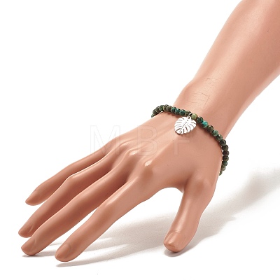 Natural Gemstone Round Beaded Stretch Bracelet with Leaf Charm BJEW-JB07587-1