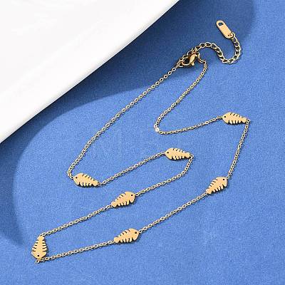 304 Stainless Steel Fish Bone Shaped Link Chain Necklaces for Women NJEW-A064-04G-1