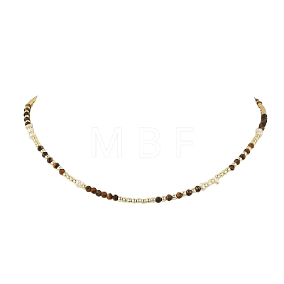 Natural Tiger Eye Faceted Round & Round Electroplate Synthetic Non-magnetic Hematite & Natural Pearl Beaded Necklaces NJEW-JN06549-01-1