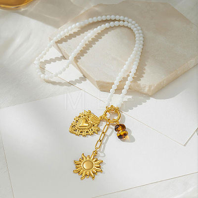 304 Stainless Steel Sacred Heart Sun Pendant White Glass Beaded Necklaces for Women WG88FB4-01-1