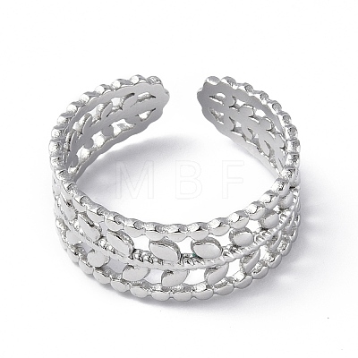 304 Stainless Steel Leafy Branch Open Cuff Ring for Women RJEW-C046-02P-1