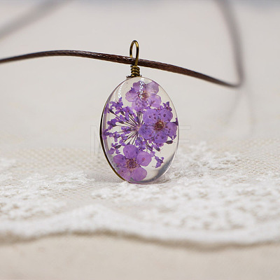 Alloy Wire Wrapped Oval Glass Inner Dried Flower Pendant Waxed Cord Necklaces for Women FS-WG6B63C-08-1
