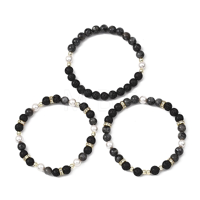 3Pcs 3 Styles Natural Lava Rock & Larvikite & Shell Pearl Beaded Stretch Bracelets for Kids BJEW-JB14097-1