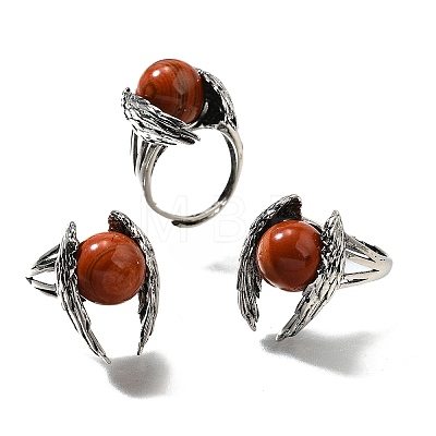 Natural Red Jasper Wings Adjustable Rings RJEW-K241-04AS-10-1