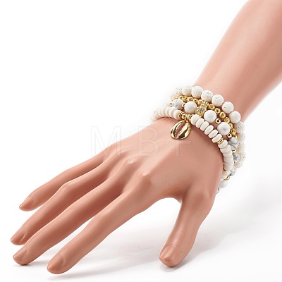 Shell Shape Cubic Zirconia Charm Stretch Bracelets Set for Teen Girl Women BJEW-JB06850-02-1