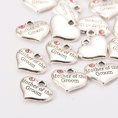 Wedding Theme Antique Silver Tone Tibetan Style Alloy Heart with Mother of the Groom Rhinestone Charms X-TIBEP-N005-17C-1