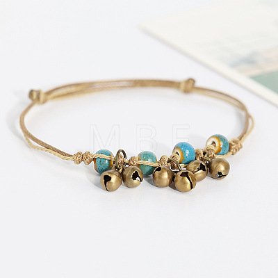 Alloy Bell & Porcelain Bead Charm Wax Cord Adjustable Anklets FS-WG54FA9-05-1