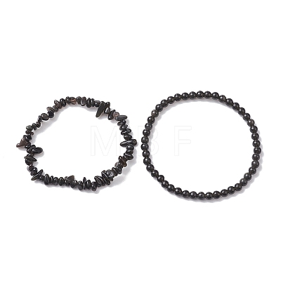 Chip & Round Natural Obsidian Beaded Stretch Bracelets for Women BJEW-JB10189-02-1