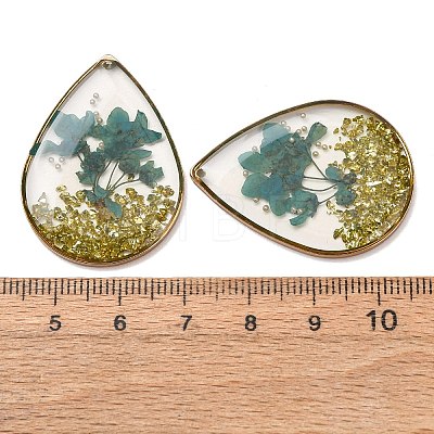 Brass & Transparent Epoxy Resin & Dried Flower Pendants RESI-G133-04G-02-1