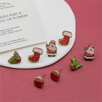 4 Pairs Santa Claus & Holly Leaves & Christmas Socking Printed Wood Stud Earrings EJEW-OY001-02-1