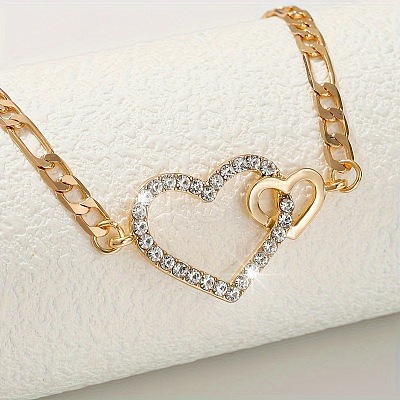 Alloy Crystal Rhinestone Double Heart Link Chain Necklaces for Women FS-WGE7D15-01-1