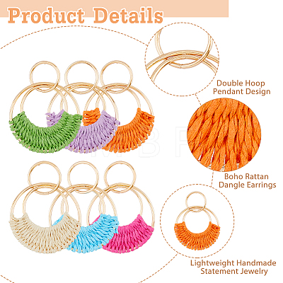 FIBLOOM 6 Pairs 6 Colors Raffia Grass Braided Flat Round Dangle Stud Earrings for Women EJEW-FI0002-25-1