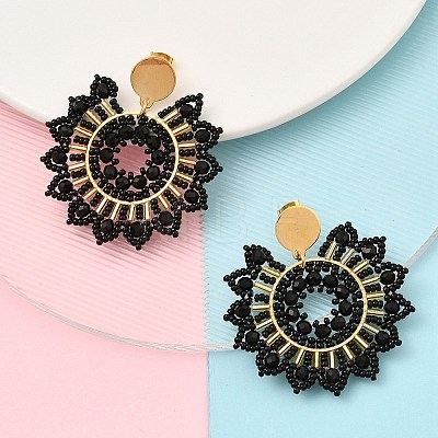 304 Stainless Steel & Bohemian Beaded Flower Dangle Stud Earrings for Women EJEW-R001-04A-1