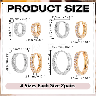 8 Pairs 8 Styles Brass Micro Pave Clear Cubic Zirconia Hoop Earrings EJEW-AR0001-15-1