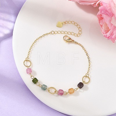 Natural Multicolor Tourmaline Faceted Cube Beaded Brass Chain Bracelets for Women BJEW-JB14334-01-1