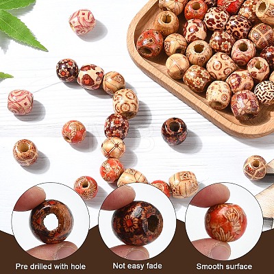 60Pcs 3 Styles Printed Natural Wood Beads WOOD-YW0001-31-1