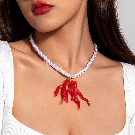 Ocean Resin Coral Shape Pendant Twisted Cotton Cord Necklaces FS-WG595AC-17-1