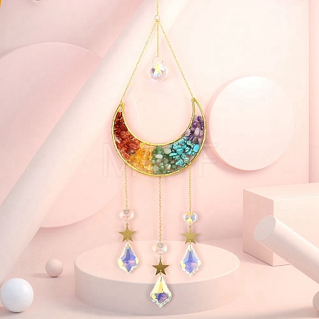 Copper Wire Wrapped Gemstone Chips & Metal Moon Pendant Decorations PW23101760858-1