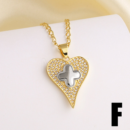 Brass Micro Pave Clear Cubic Zirconia Two Tone Heart Pendant Necklaces WGF7FF4-06-1