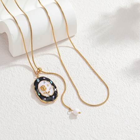 304 Stainless Steel Enamel Rose Flower Black Oval Pendant Round Snake Chain Lariat Necklaces for Women NJEW-A073-01G-1
